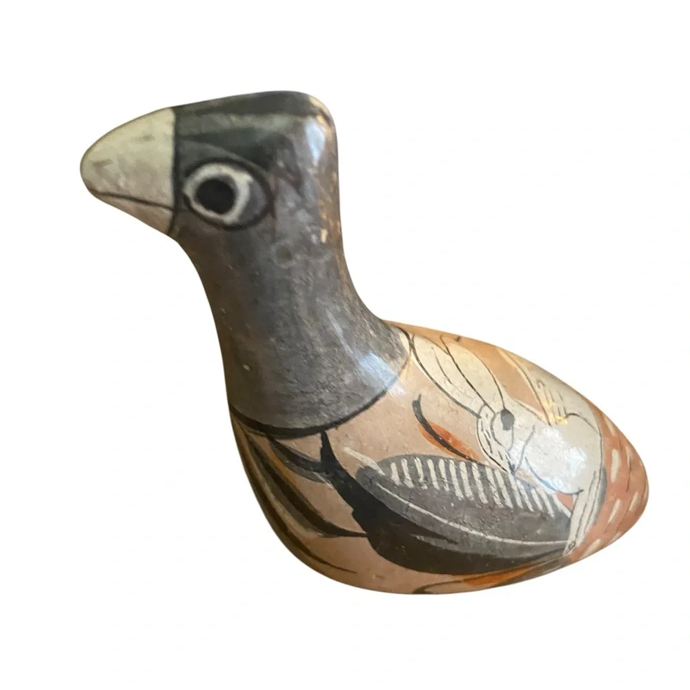 Vintage Tonala Mexican Pottery Folk Art Bird Figurine hare painted on back 3”